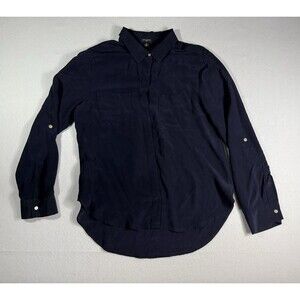 Ann Taylor 100% Silk Blouse Women’s Medium Navy Hidden Button Down Office